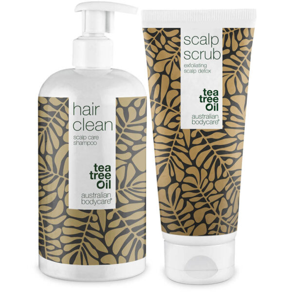 2 produkter til fedtet hår â Tea Tree Shampoo og scrub til fedtet hovedbund og hår - Australian Bodycare