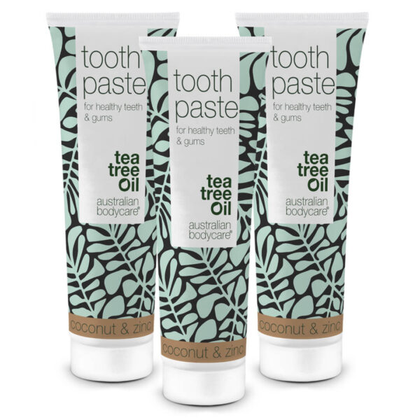3 stk. Tea Tree Oil Tandpasta Kokos & Zink  â Til daglig pleje ved paradentose, svamp og tandkødsbetændelse - 9 stk. - Australian Bodycare