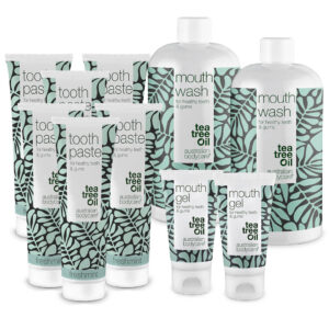 XL Mundpakken med Tea Tree Oil mundprodukter â 10 mundprodukter til pleje ved paradentose, svamp og blødende tandkød - Australian Bodycare