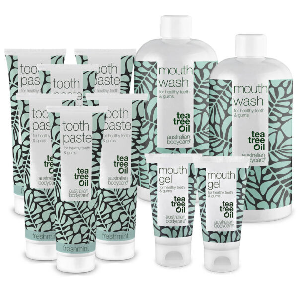 XL Mundpakken med Tea Tree Oil mundprodukter â 10 mundprodukter til pleje ved paradentose, svamp og blødende tandkød - Australian Bodycare