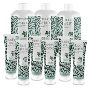 Daglig plejepakken til tunge, tandkød og tænder â 9 Tea Tree Oil mundprodukter mod dårlig ånde og pleje ved svamp - Australian Bodycare