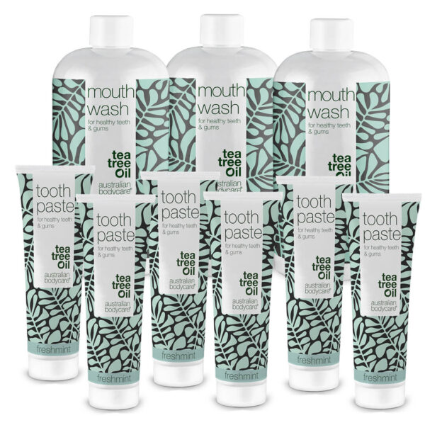 Daglig plejepakken til tunge, tandkød og tænder â 9 Tea Tree Oil mundprodukter mod dårlig ånde og pleje ved svamp - Australian Bodycare