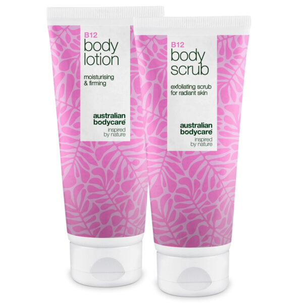 B12 hudplejesæt til tør hud  -  Eksfoliering & dybdevirkende fugtpleje â Fugtgivende B12 Body Scrub & Lotion til tør og sensitiv hud. - 1 stk. - Australian Bodycare