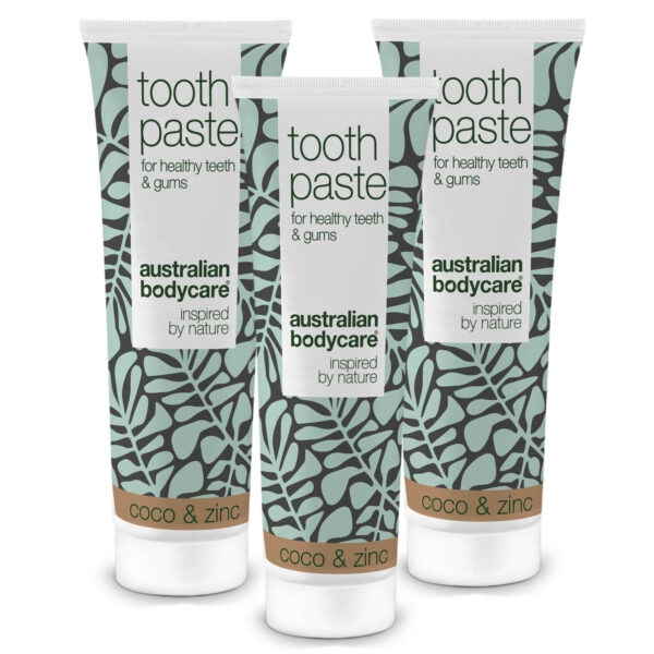 3 stk. Tea Tree Oil Tandpasta Kokos & Zink  â Til daglig pleje ved paradentose, svamp og tandkødsbetændelse - 3 stk. - Australian Bodycare