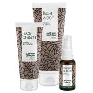 Sæt til kløende og meget tør hud i ansigtet â 3 fugtgivende produkter: ansigtsrens, Squalane Serum og creme - Australian Bodycare