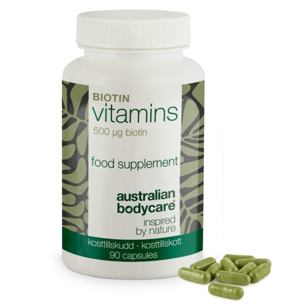 Biotin 500 Âµg  -  kosttilskud med vitamin B7  -  90 stk. â Biotin 500 Âµg med vitamin B7  -  90 tabletter til hud, hår og slimhinder. Indeholder biotin, Medicago sativa og vegetabilsk cellulose. - 1 stk. - Australian Bodycare
