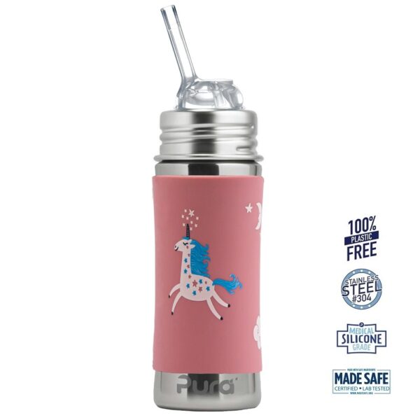Pura® - Kiki Straw Baby Sutteflaske 6+ mdr. Enhjørning 325ml - Fast flow - pura®